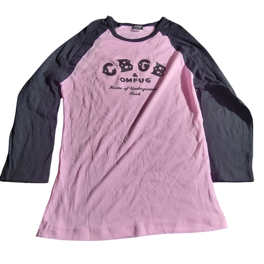 CBGB OMFUG Pink Black Raglan Long Sleeve Punk Rock Graphic Tee Shirt Large USA